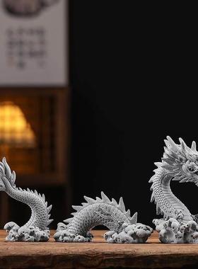 龙摆件鱼缸福瑞祥龙石头玄关茶桌办公室造景装青砂石饰摆件中式