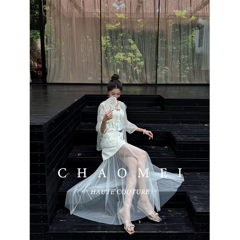 冯（CHAOMEI【半盏青】新中式绣花外套绣花缎面吊带裙半裙三件套,淘宝优惠券,粉丝福利购,淘宝优惠卷