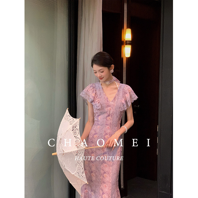 冯（CHAOMEI【古董蔷薇】新中式天丝风信紫花边装饰鱼尾连衣裙,淘宝优惠券,粉丝福利购,淘宝优惠卷