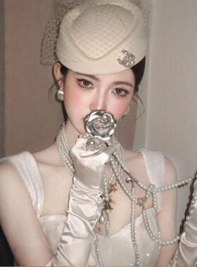 新娘白色缎面长款法式赫本风手套