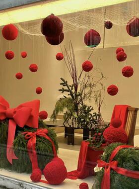 新年元旦红色毛线球打卡布置美陈列泡沫蛇年婚礼布景橱窗装饰道具