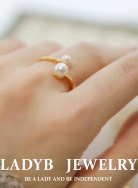 LADYB两粒珍珠戒指女开口可调节