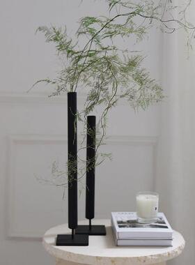 极简中古风花瓶侘寂风百搭黑色摆件客厅玄关金属铁艺花器桌面插花
