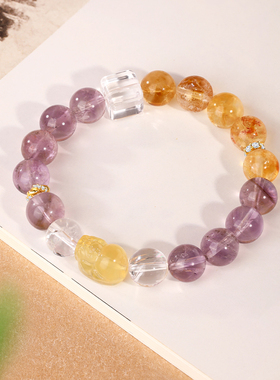 金六福吉祥紫色魅力水晶手串女款轻奢多彩天然水晶手链生日礼物