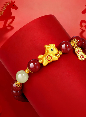 金六福吉祥足银990骏马纳福朱砂和田玉手串女款银饰手链生日礼物