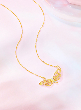 金六福吉祥S925银蜻蜓飞舞吊坠锁骨项链纯银饰品生日礼物送女友