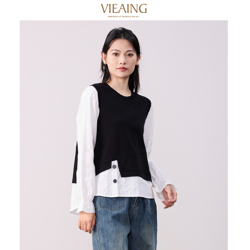 VIEA.ING薇迎假两件衬衫女秋拼接撞色高级感小个子上衣 - 图3