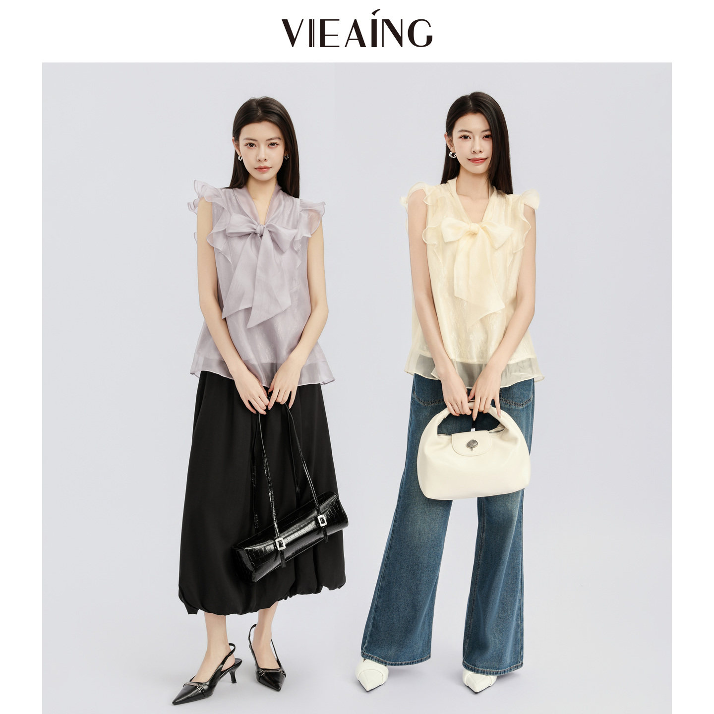 VIEA.ING薇迎法式荷叶边衬衫女2026夏雪纺无袖小衫气质蝴蝶结上衣 薇迎实拍商品图