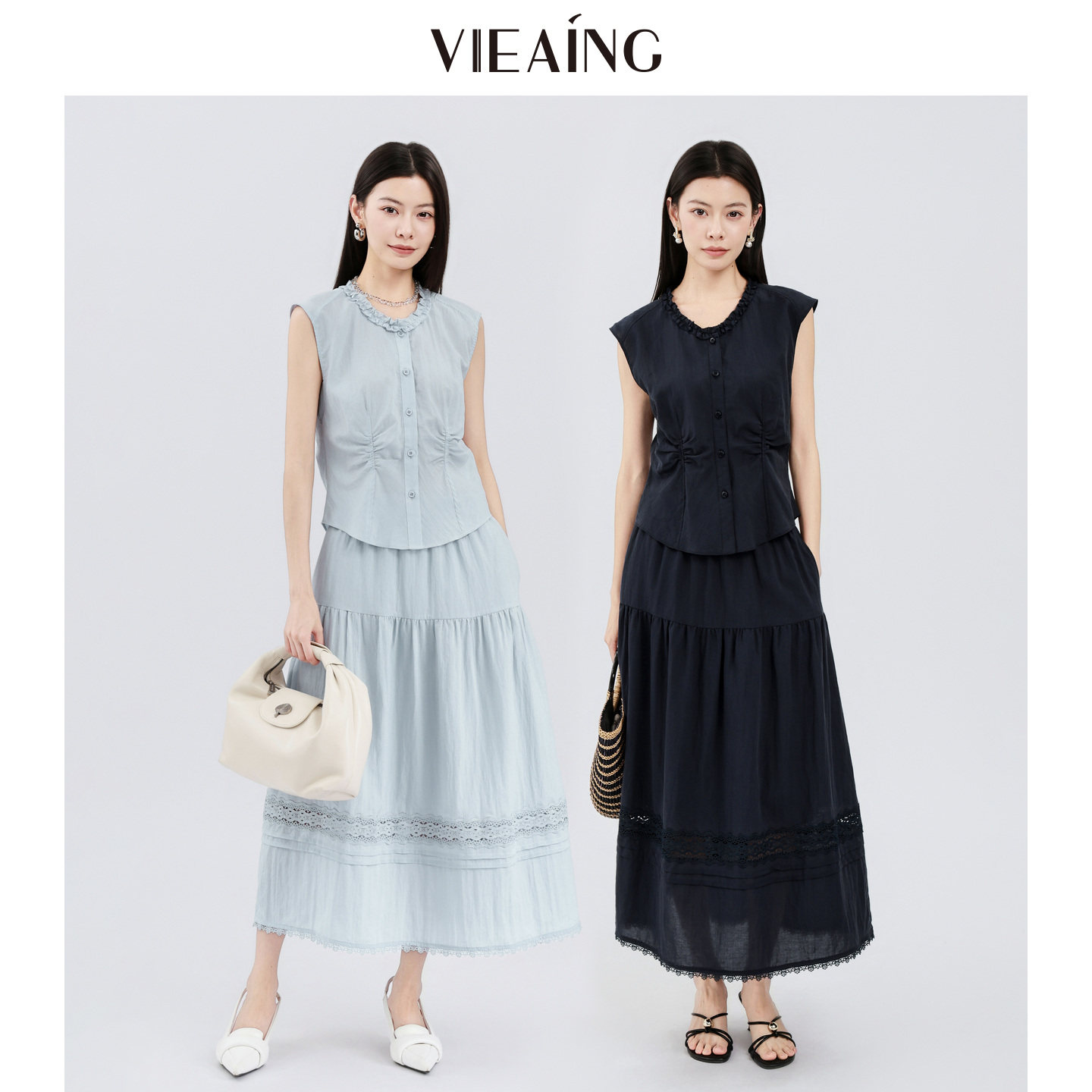 VIEA.ING薇迎商场同款蓝色套装女2026夏新款衬衫蕾丝半身裙两件套 新同实拍商品图