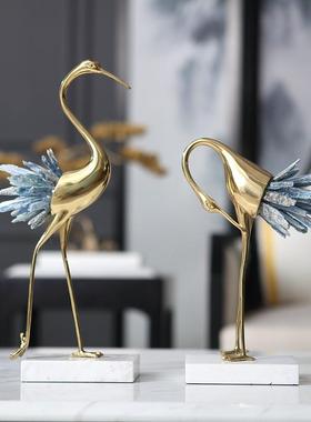 简欧轻奢仙鹤金属水晶摆件铜大理石法新中式高档玄关蓝白黑色软装