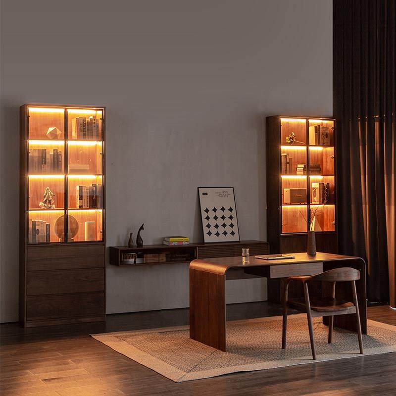 北美黑胡桃木组合书柜玻璃防尘落地满墙到顶展示柜储物客厅餐边柜,淘宝优惠券,粉丝福利购,淘宝优惠卷