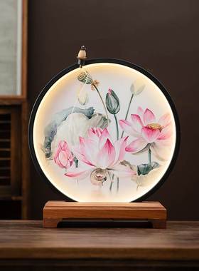 新中式LED佛龛背景灯 禅意客厅佛像展示台圆形发光般若心经灯摆件