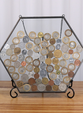 六边形硬币展示框 新房客厅玄关装饰酒柜软装 透明储蓄罐玻璃摆件