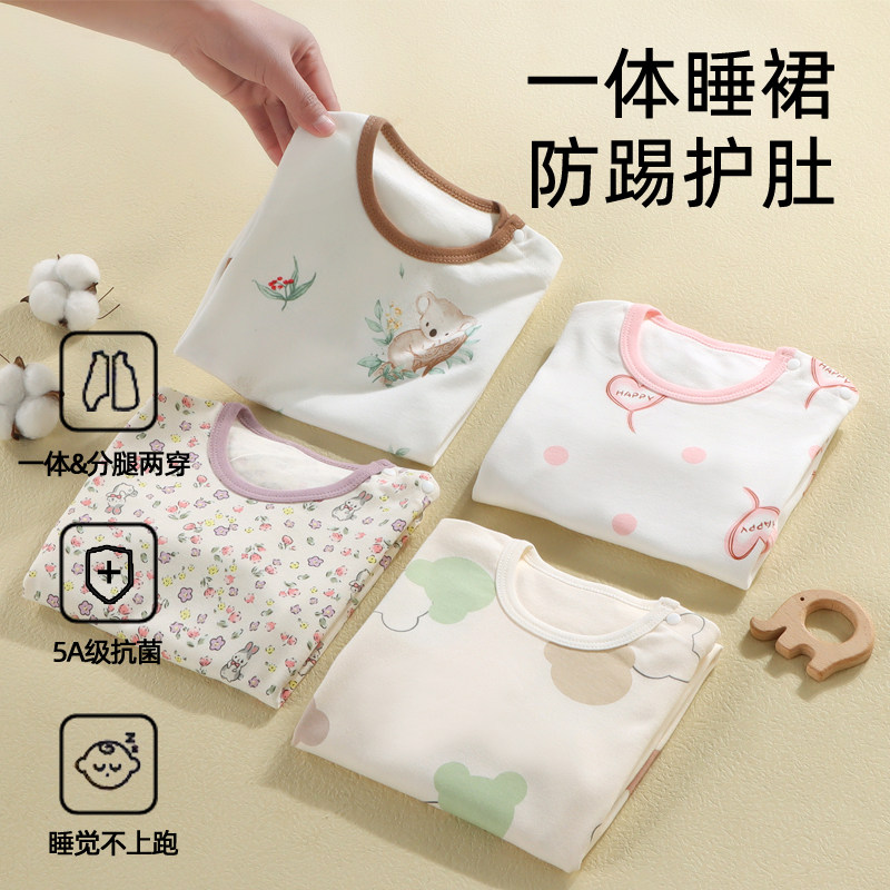 妙童岛宝宝睡衣春秋款长袖纯棉儿童睡裙2025新款连体家居服男女孩