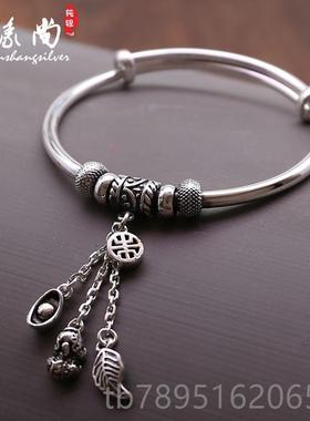 高档999足银手镯复9古纯银苏款貔貅福袋叶吊坠推流拉银镯子女送女