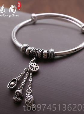 正品9貔999足银手镯纯银流古苏款貅福袋叶复子吊坠推拉银镯子女送