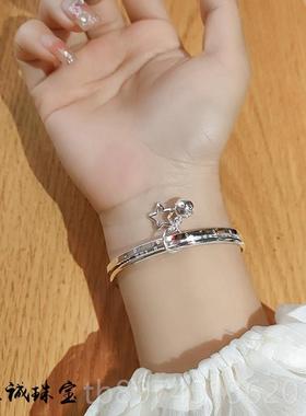 正品小众双圈多圈铃铛手镯女银封口式9银99足银手环9银镯纯子送女
