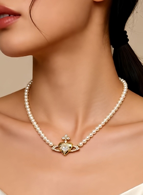 轻奢珍珠爱心吊坠锁骨链女款