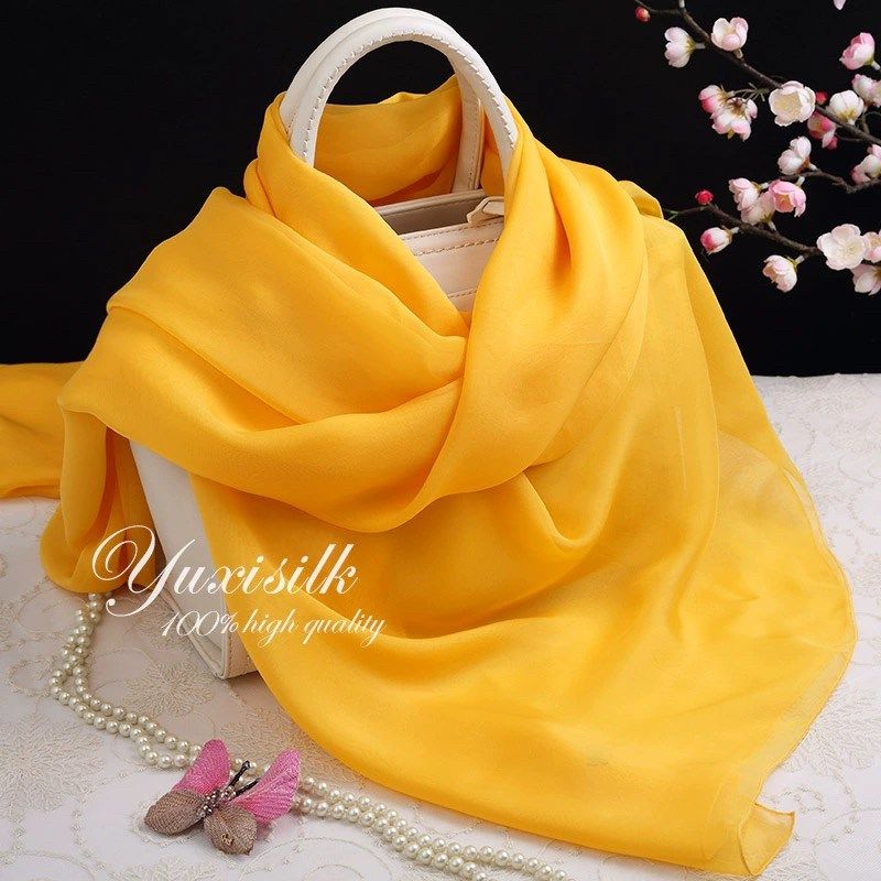 黄色纯色桑蚕丝长款真q丝丝巾披肩女薄纱巾春秋冬夏季丝绸围巾,淘宝优惠券,粉丝福利购,淘宝优惠卷