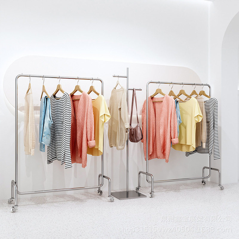 直播专用展示架不锈钢拉丝服装架中岛落地式挂衣架银色带轮陈列架,淘宝优惠券,粉丝福利购,淘宝优惠卷