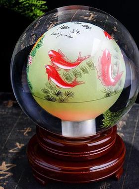 内画水晶球摆件牡丹花八骏图迎客松富贵鱼花开富贵五牛图中式家居