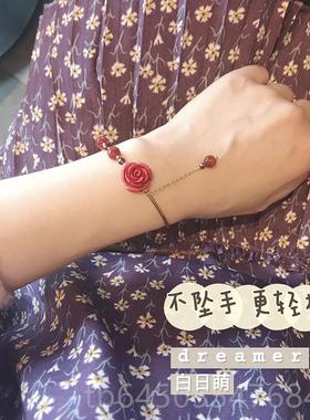 高档白日萌玫瑰花晶链女朱砂石榴石精致纯轻奢手镯水闺蜜小众银in
