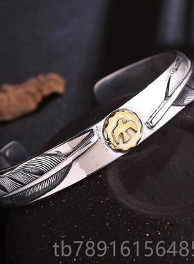 正品S吾925银复古手工高桥郎风格羽分牌手镯男银士毛开口手镯子潮