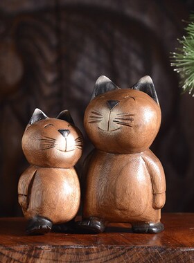 泰国进口工艺品 东南亚木雕猫摆件 创意家居装饰桌面卡通小猫摆件