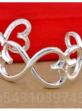 正品圣诞礼物珍藏25纯银双心扉 开口手镯时尚 银手镯饰9品韩女银