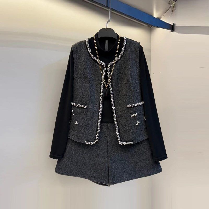 胖妹妹钉珠边g马甲半高领打底衫短裤大码女装韩版通勤风显瘦三件,淘宝优惠券,粉丝福利购,淘宝优惠卷