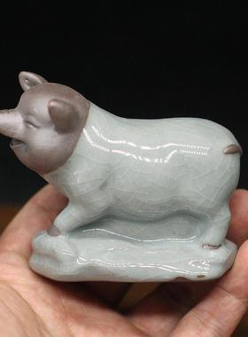 哥窑陶瓷生肖兔猪羊三合贵人风水摆件亥卯未12属相工艺品鼠龙猴虎