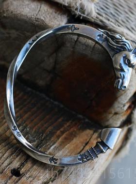 正品手工马镯款维京战头镯镯s925纯马形男士款开口银手泰银复银古