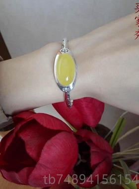 正品S925银手空托托镶嵌适琥合珀蜜镯蜡玉石宝石南红银13*18