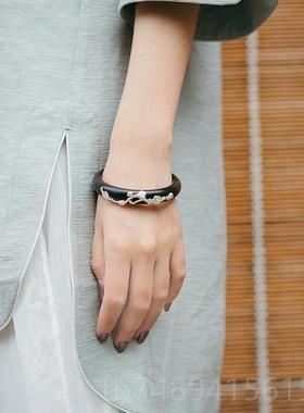 正品熙素原创檀木镯手纯银梅花镶嵌天檀然黑木镶银手镯手环女饰品