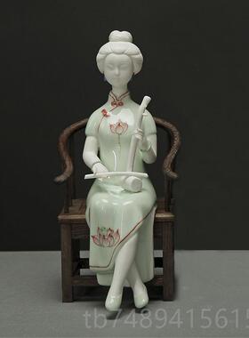 正品家新中式装陶瓷仕女软装居件 摆禅意饰品 玄关客厅桌面陶瓷工