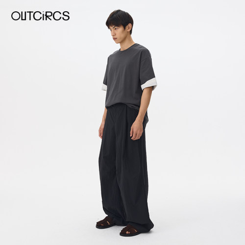 OUTCiRCS条纹拼接袖口T恤秋季男女纯棉弹力百搭休闲假两件短袖 - 图3