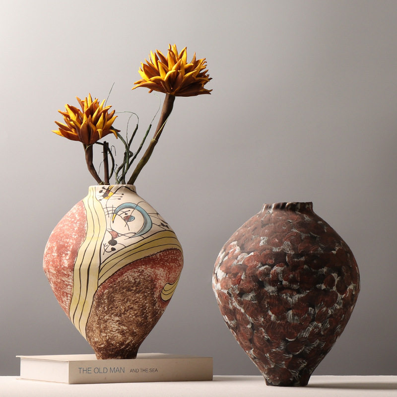 设计师创意陶瓷花瓶手绘装饰品民宿复古现代插干花摆件小众工艺品,淘宝优惠券,粉丝福利购,淘宝优惠卷