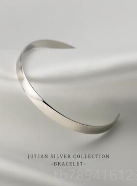 高档JUTIAN 冷淡风S925纯女手银镯ins潮面学生素光圈银简约百搭饰