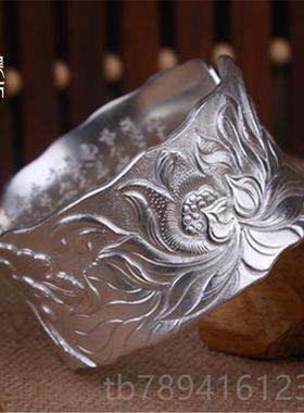 高档荷手镯手工心手镯雕莲花手镯999足银花雪浮花银纯银手镯子复