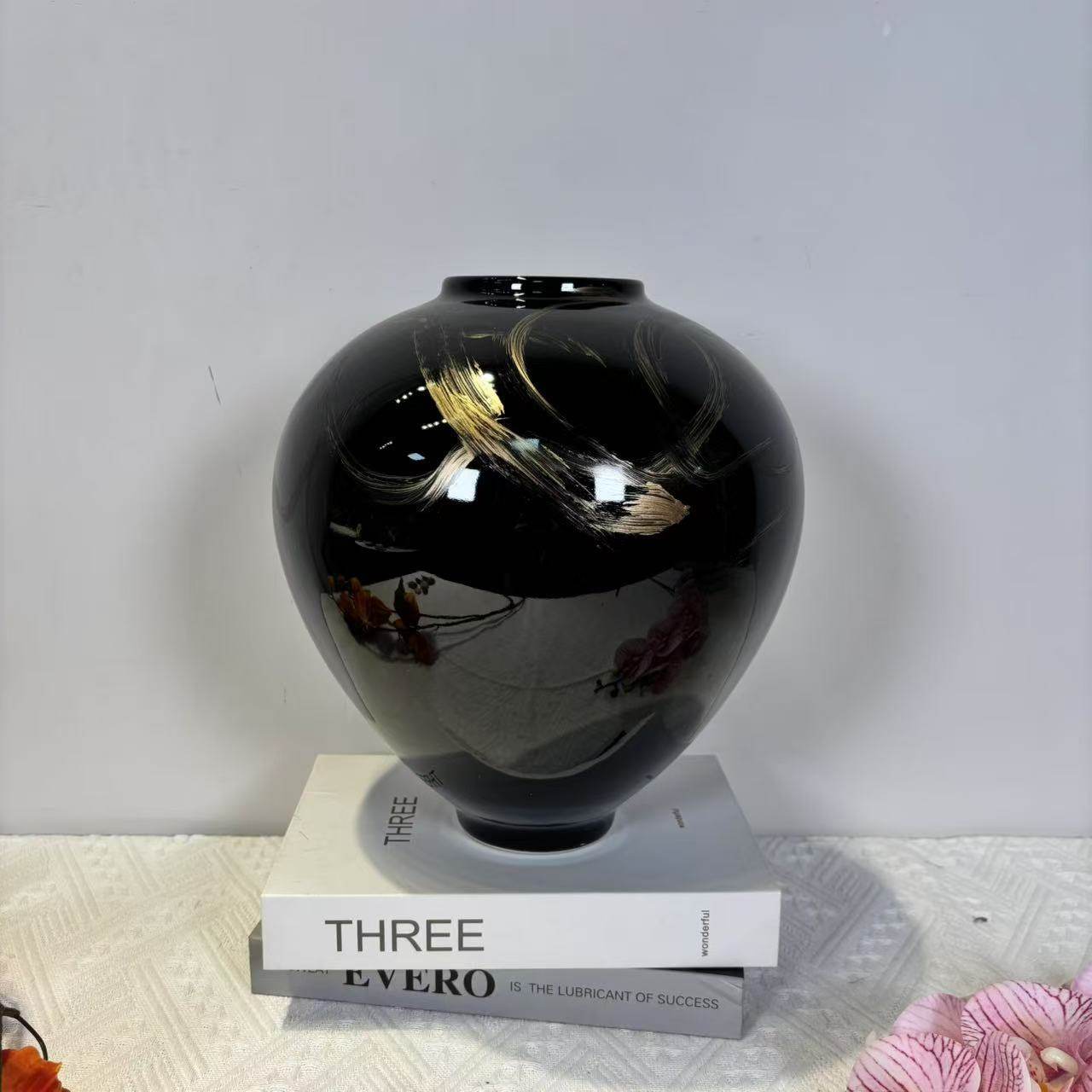 新中式高级感黑色手绘金陶瓷花瓶轻奢客厅室内插花装饰摆件工艺品,淘宝优惠券,粉丝福利购,淘宝优惠卷