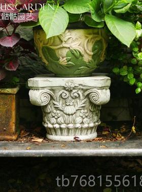 正品欧式罗台马柱粗陶复古做旧装别墅客厅饰摆件花园阳圆花盆柱底