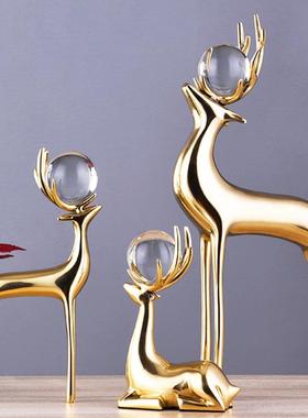 纯铜鹿摆件水晶球欧式客厅玄关现代简约家居装饰品创意结婚礼品