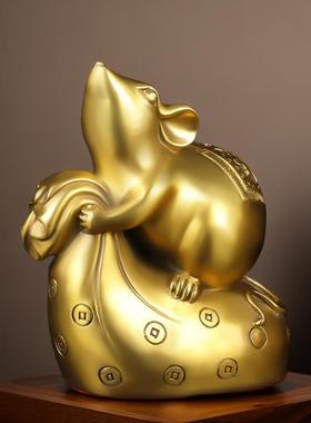 纯黄铜老鼠摆件黄铜十二生肖鼠可爱布袋鼠家居客厅车载饰工艺品