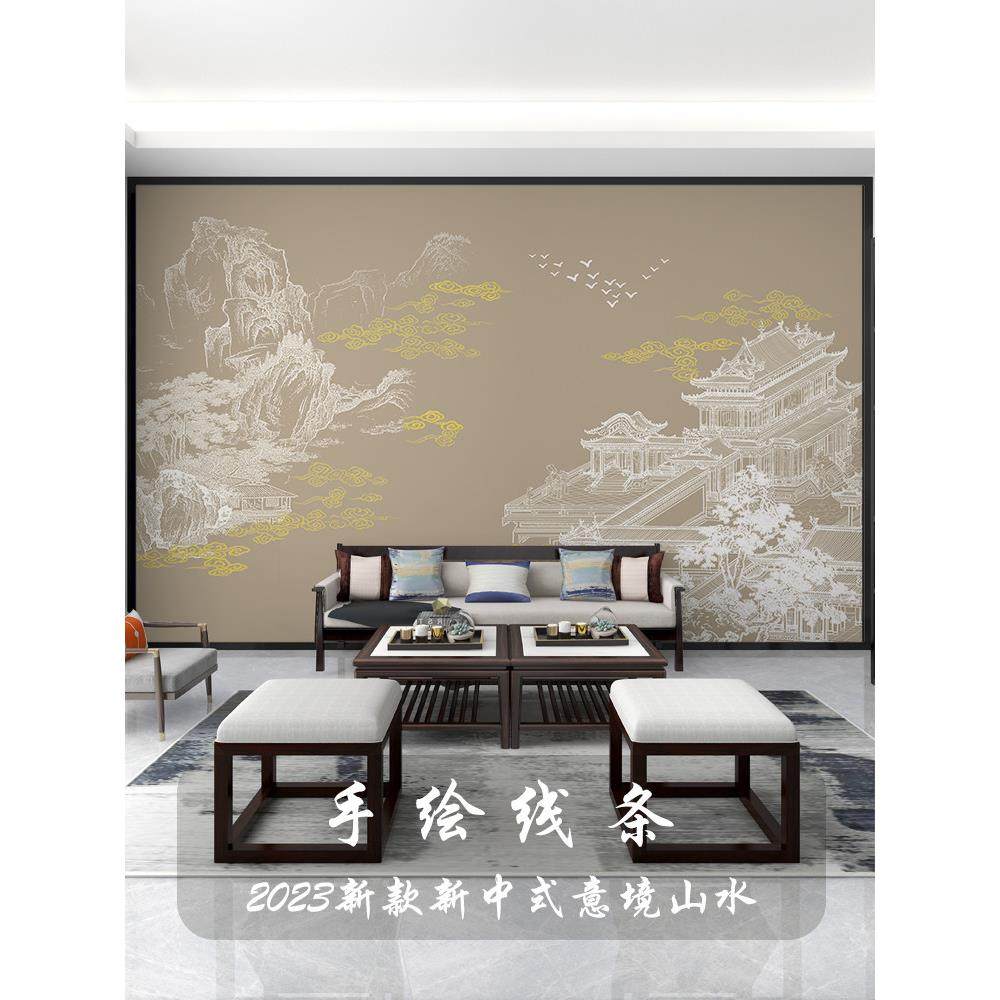 壁纸定制新中式亭台楼阁电视背景墙壁布客厅墙纸沙发装饰墙布壁画,淘宝优惠券,粉丝福利购,淘宝优惠卷