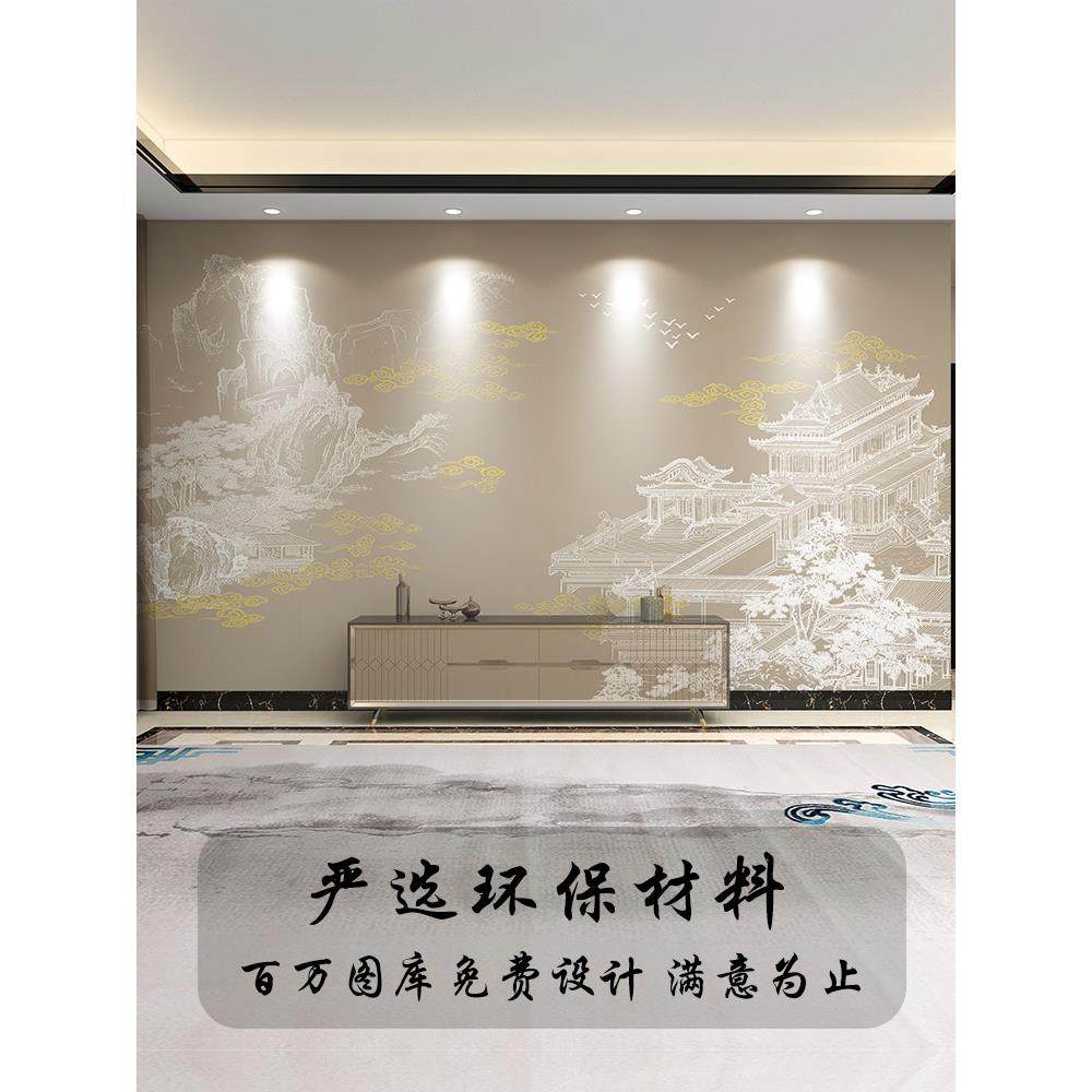 壁纸定制新中式亭台楼阁电视背景墙壁布客厅墙纸沙发装饰墙布壁画,淘宝优惠券,粉丝福利购,淘宝优惠卷