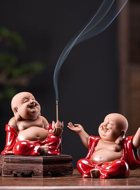 中式陶瓷招财弥勒佛像桌面禅意摆件家用线香器香熏炉香托香盘香座