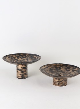 新中式简约手工彩绘铁艺托盘样版房酒店客厅茶几装饰摆件家居饰品