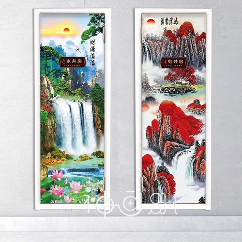 中式山水电井门贴纸自粘包邮走廊过道装饰画风景画电井门翻新贴纸 - 图1