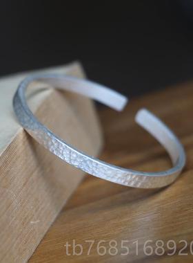 高档99纯银手工原创板手环细厚实手镯光可定制9图刻案字
