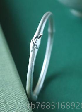 高档熙素小原创节镯999纯银手镯女简约年轻款众设手计实竹心足银